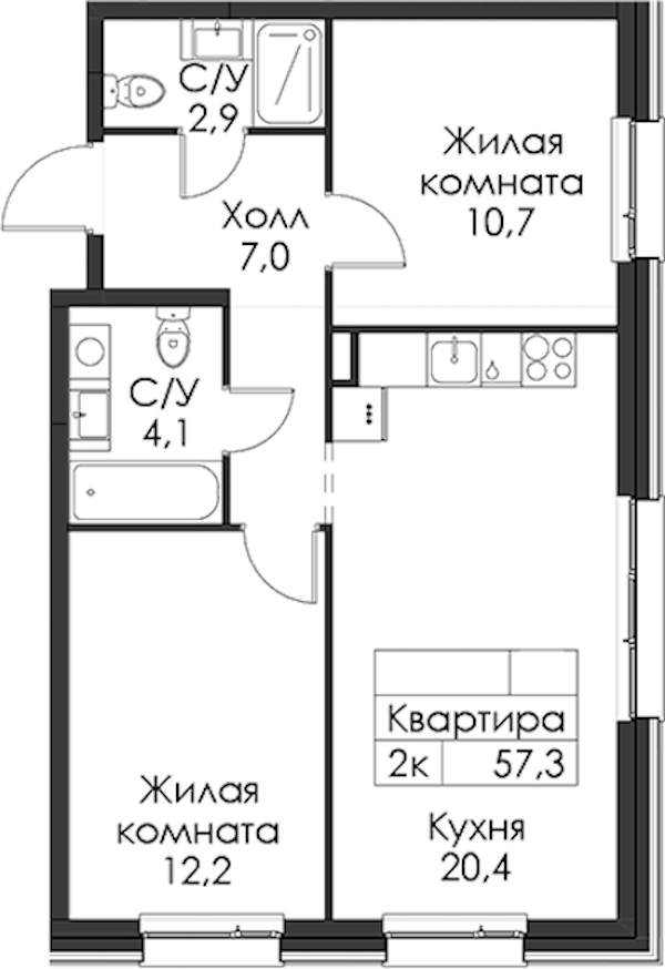 2-комнатная квартира 57.3 м², 7/8 эт., ЖК «Шкиперский 19»